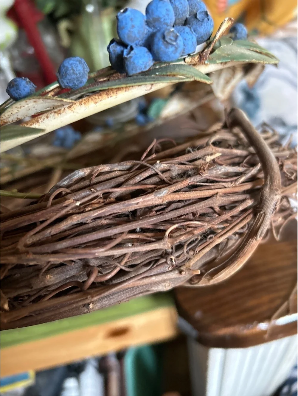 Rustic Grapevine Wreath with Blue Berry and Leaf Accents
